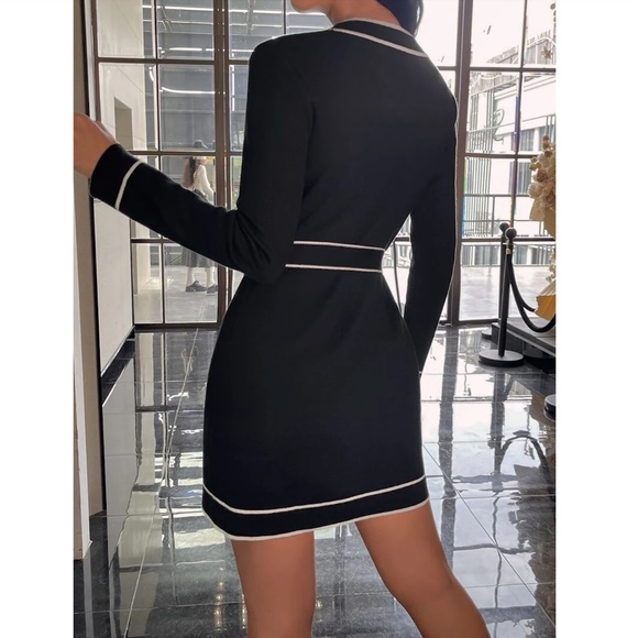 Black Knit Belted Dress Long Sleeve, Button Through Contrast White Piping Trim - Picture 2 of 11